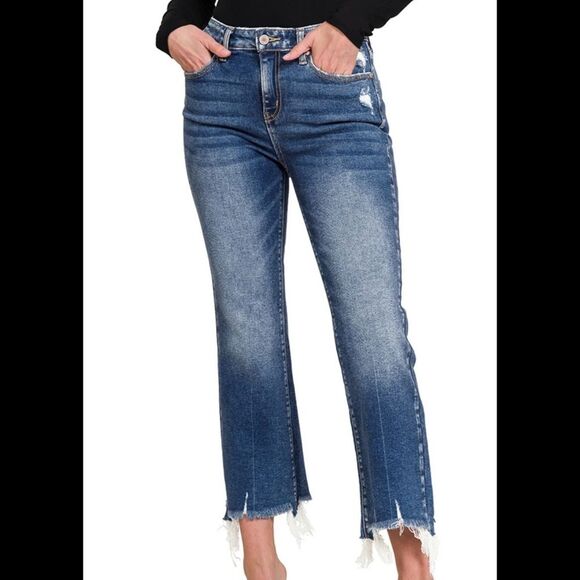 Zenana Outfitters Denim - Zenana Outfitters Kick Crop Distressed Blue Straight Leg Jeans